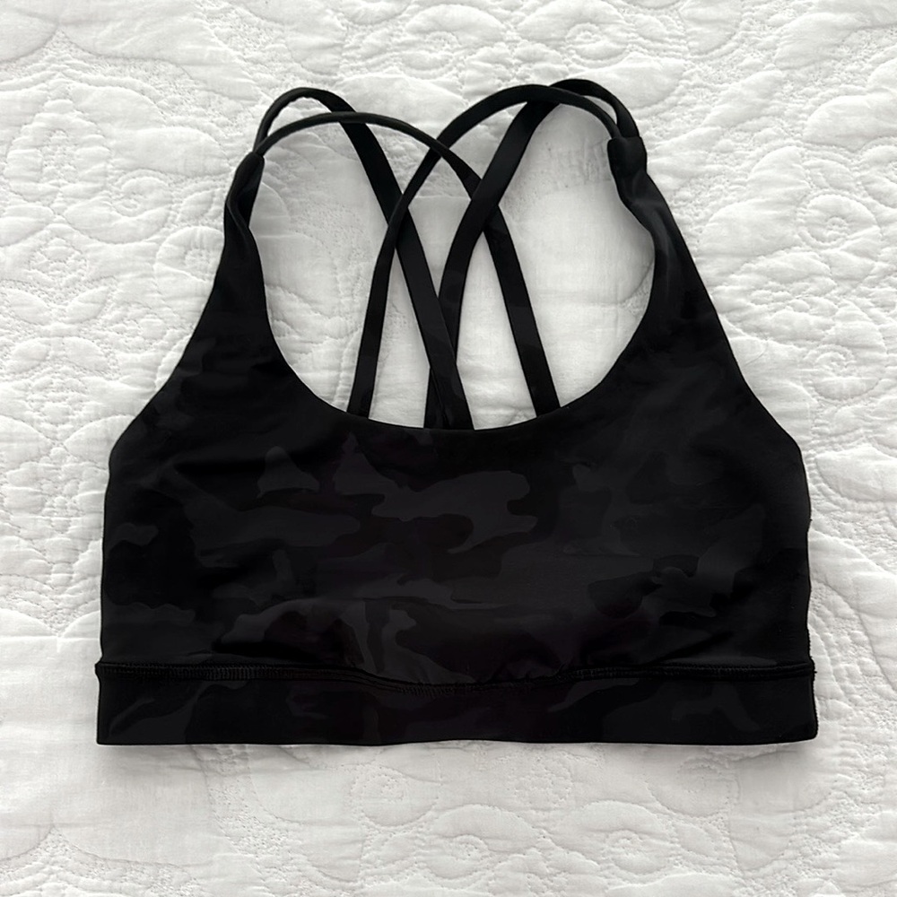 Lululemon Energy Sports Bra Size 4 Black Camo Strappy Back Medium Support READ